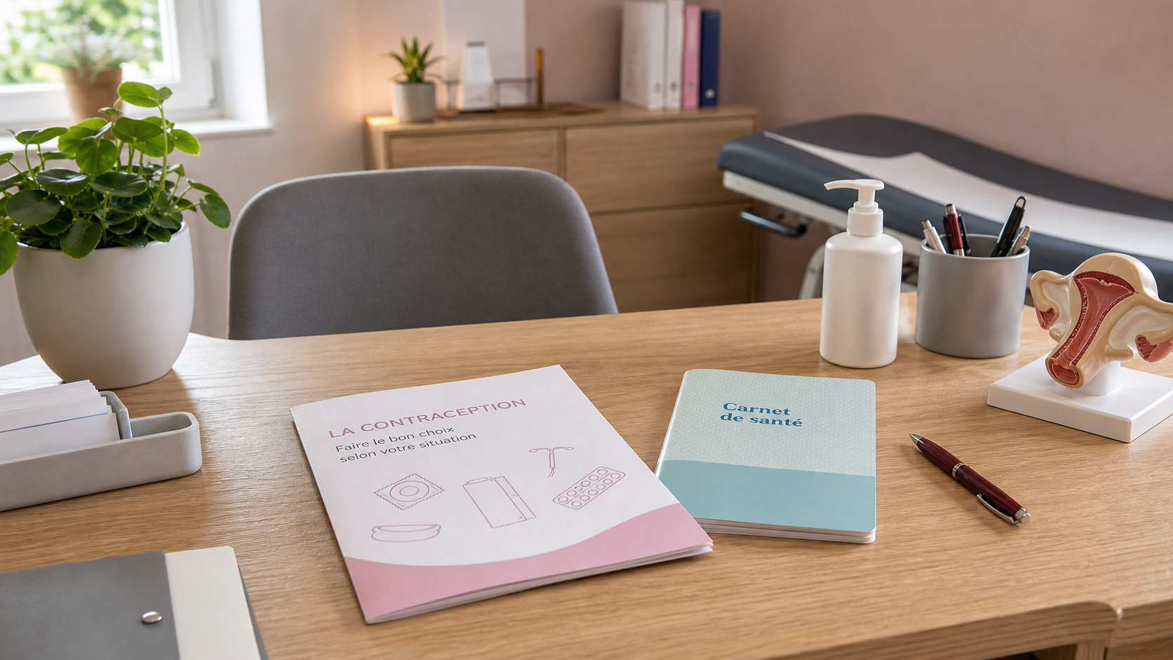 Bureau de consultation avec brochure de contraception et carnet de santé